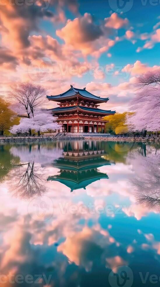 Japan zen tempel vandaag landschap panorama visie fotografie sakura bloemen pagode vrede stilte foto