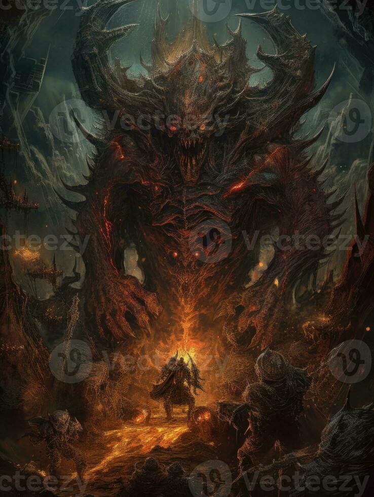 diablo satana demon strijd tatoeëren episch donker fantasie illustratie kunst eng poster olie schilderij foto