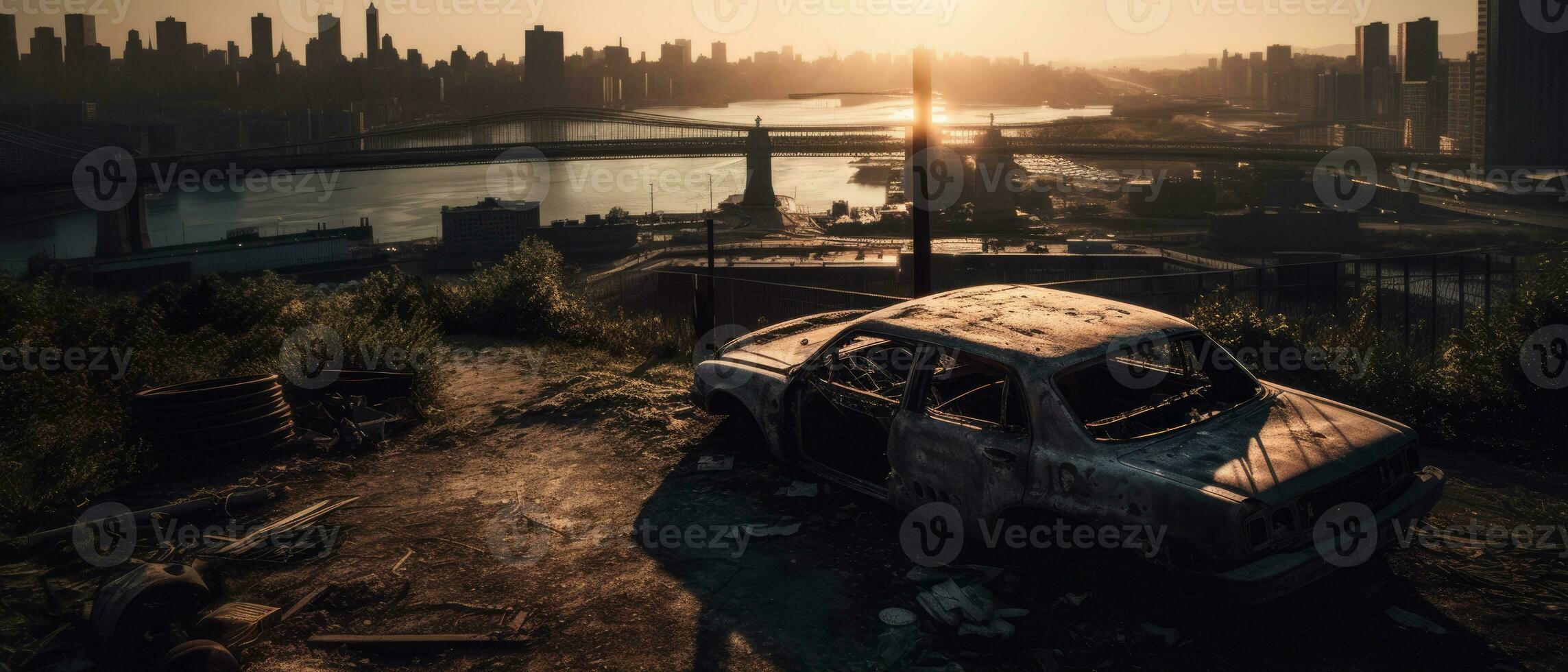 stad landschap zonsopkomst stof mist Apocalypse landschap spel behang foto kunst illustratie Roest