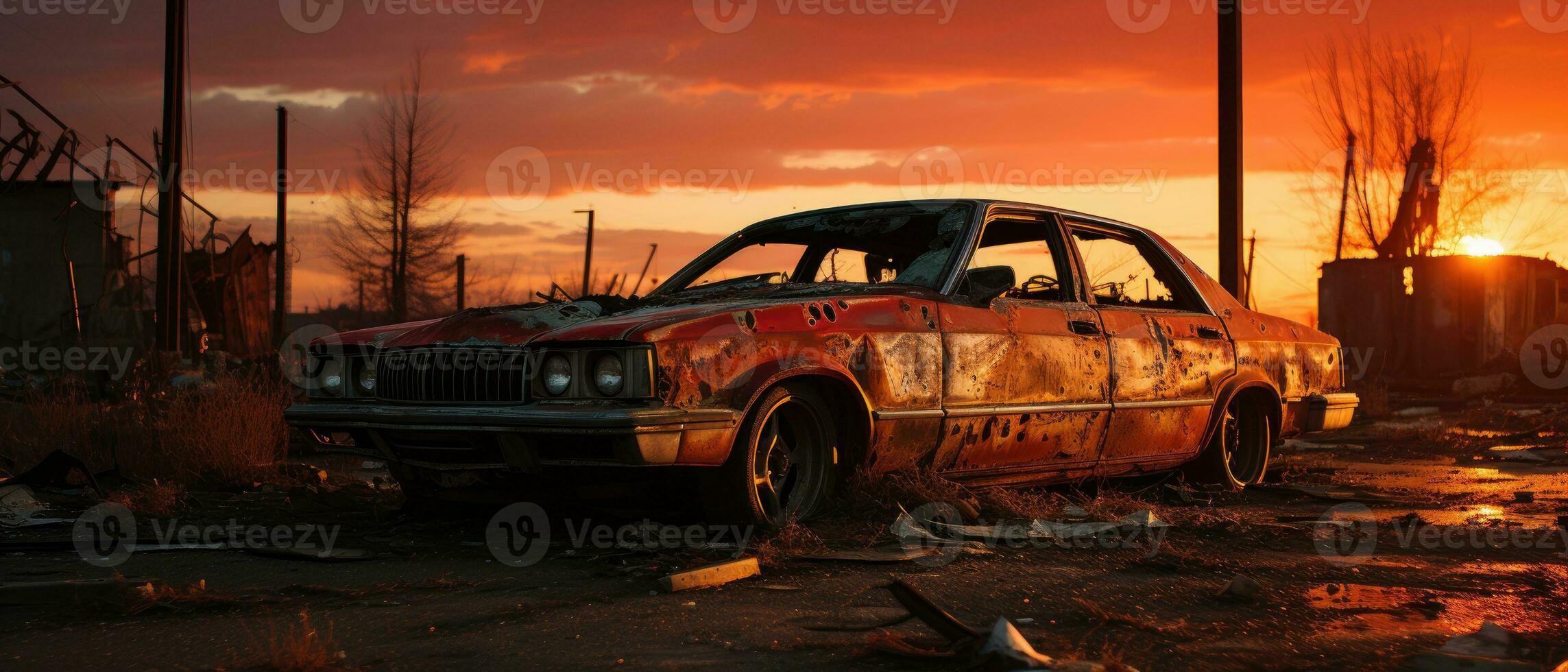 retro auto spier geïsoleerd post Apocalypse landschap spel behang foto kunst illustratie Roest