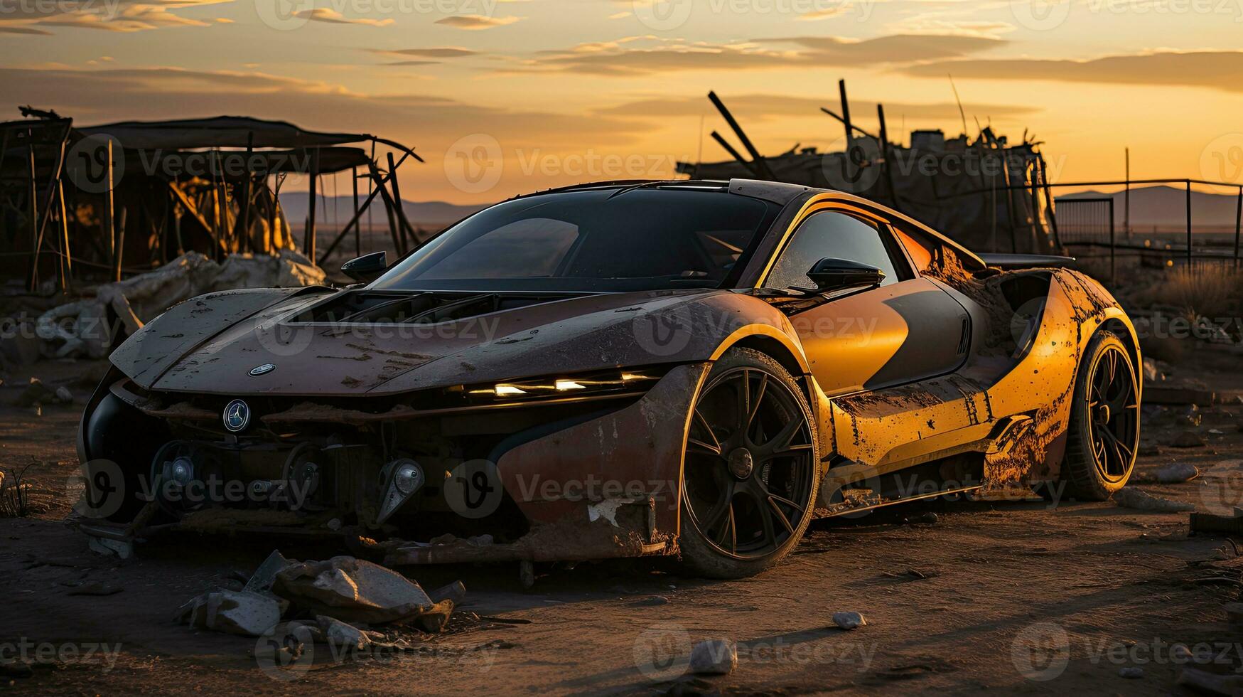 retro super auto vernietigd post Apocalypse landschap spel behang foto kunst illustratie Roest