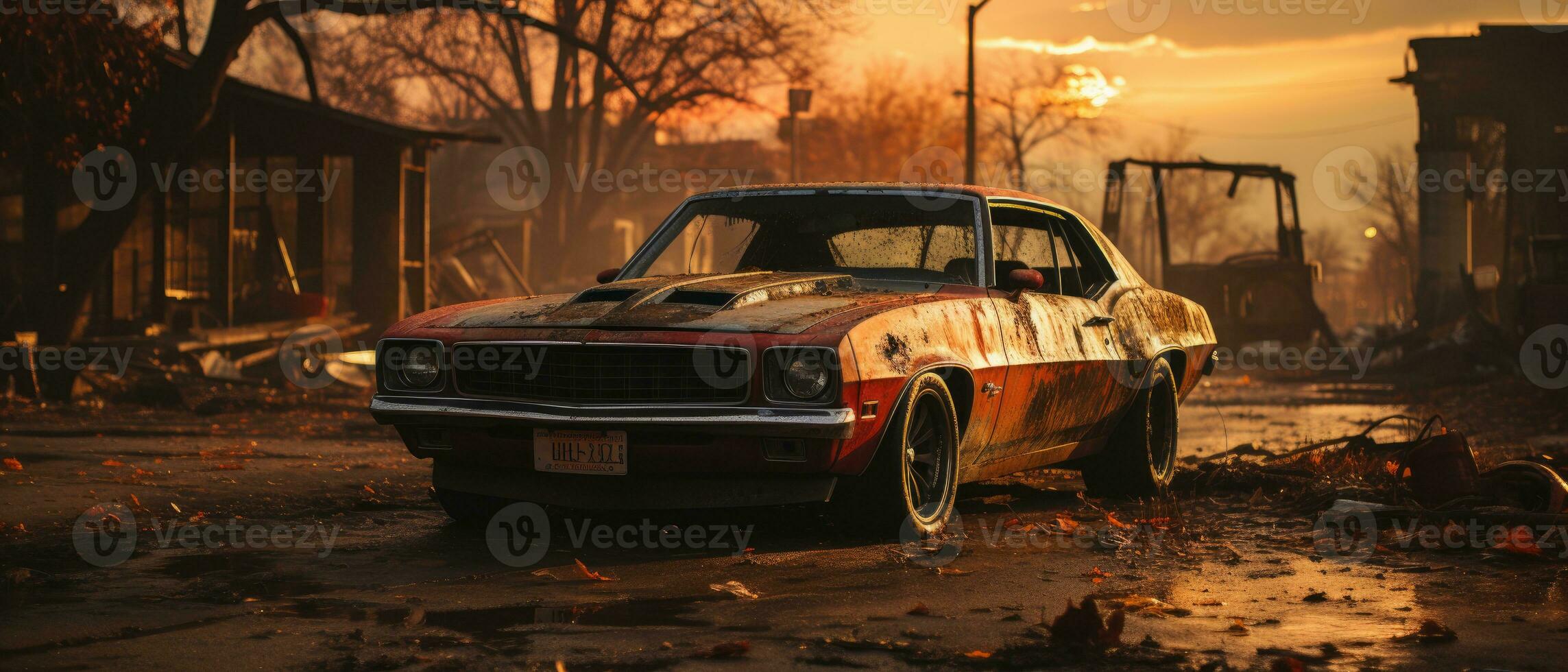 retro auto spier geïsoleerd post Apocalypse landschap spel behang foto kunst illustratie Roest