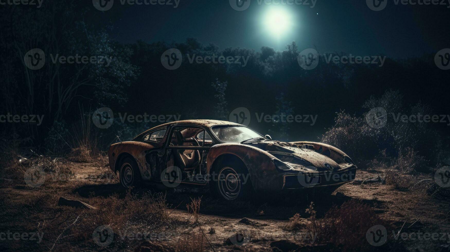 retro super auto vernietigd post Apocalypse landschap spel behang foto kunst illustratie Roest