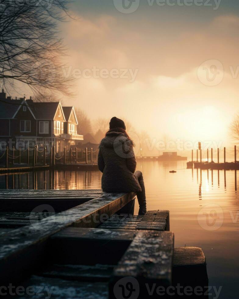 stijgende lijn meditatie stilte reflectie rust uit meer landschap stilte foto zen ontspanning eenzaam vrouw