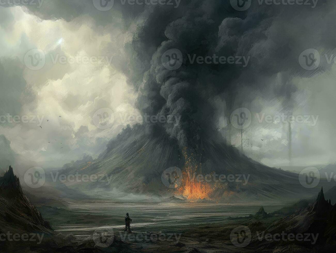 vulkaan explosie brand rook landschap stad mysticus poster buitenaards wezen steampunk behang fantastisch foto