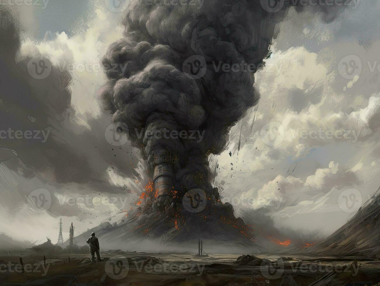 vulkaan explosie brand rook landschap stad mysticus poster buitenaards wezen steampunk behang fantastisch foto