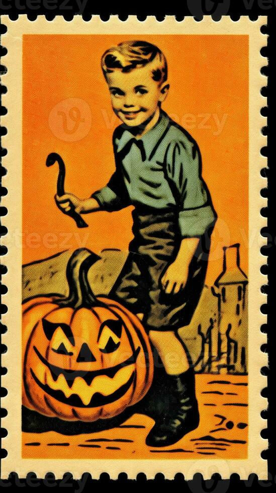 kinderen kinderen schattig port postzegel retro wijnoogst Jaren 30 halloweens pompoen illustratie scannen poster foto