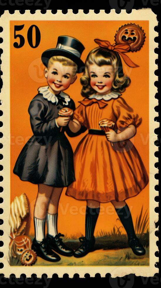 kinderen kinderen schattig port postzegel retro wijnoogst Jaren 30 halloweens pompoen illustratie scannen poster foto