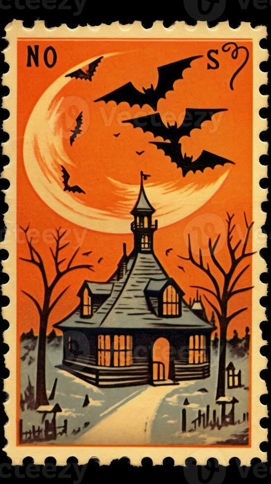 kasteel huis vleermuizen maan schattig port postzegel retro wijnoogst Jaren 30 halloweens illustratie scannen poster foto