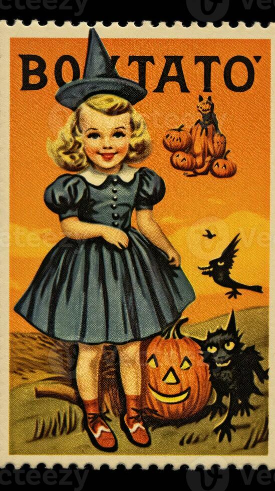 kinderen kinderen schattig port postzegel retro wijnoogst Jaren 30 halloweens pompoen illustratie scannen poster foto