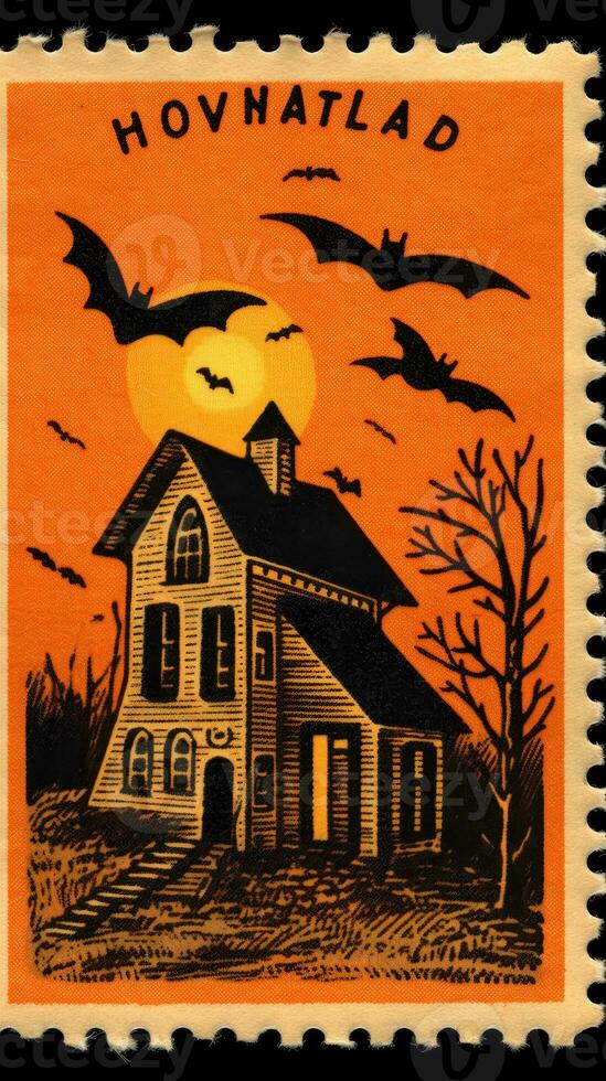 kasteel huis vleermuizen maan schattig port postzegel retro wijnoogst Jaren 30 halloweens illustratie scannen poster foto
