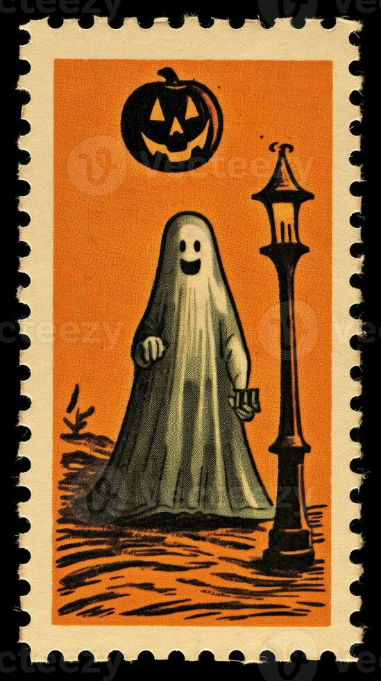 geest geest schattig port postzegel retro wijnoogst Jaren 30 halloweens pompoen illustratie scannen poster foto
