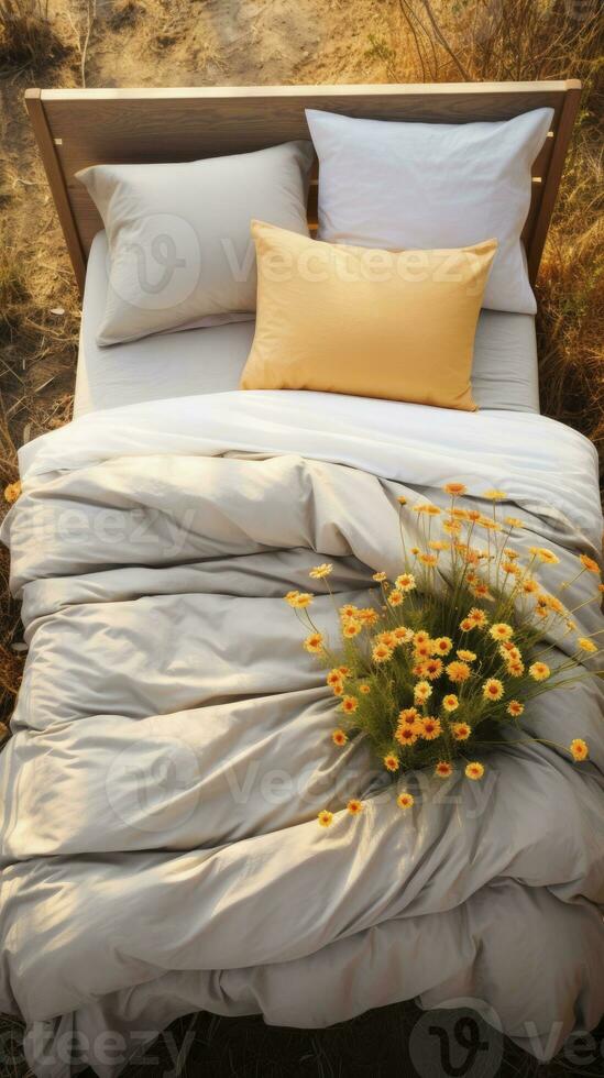 bed in de veld- ontspanning hoofdkussen sprei bloemen plaats droom zacht Hoes foto slaapkamer lucht zen