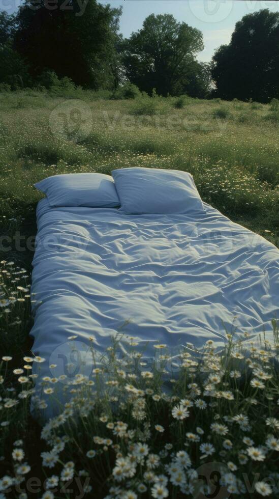 bed in de veld- ontspanning hoofdkussen sprei bloemen plaats droom zacht Hoes foto slaapkamer lucht zen