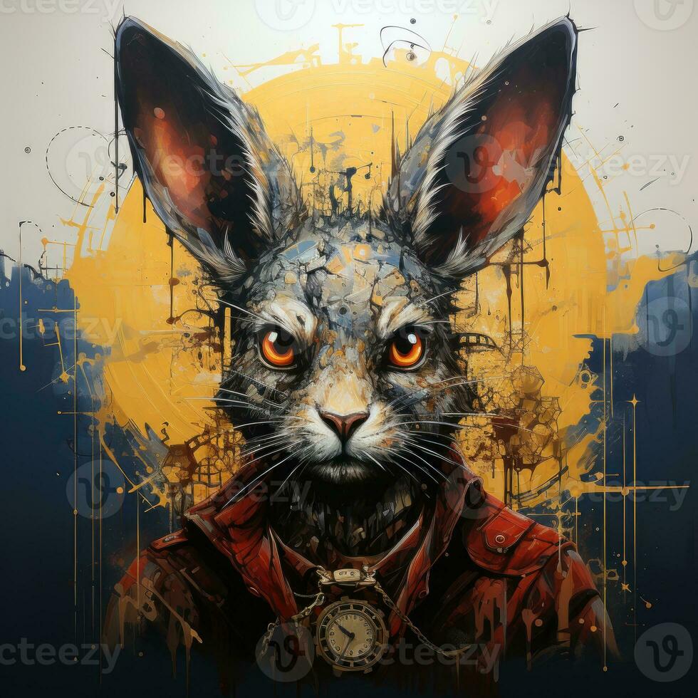 gek konijn haas geweer boos portret expressief illustratie artwork olie geschilderd schetsen tatoeëren foto