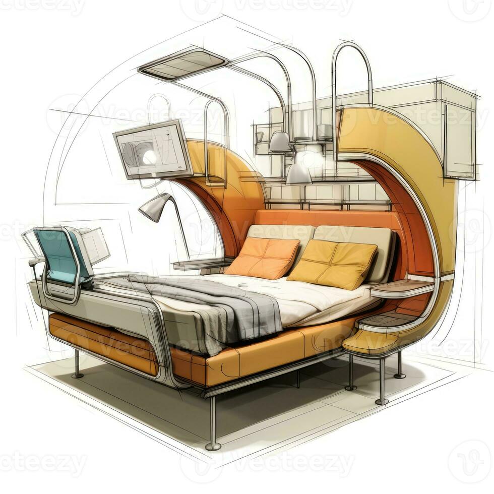 kast bed retro futuristische meubilair schetsen illustratie hand- tekening referentie ontwerper idee foto