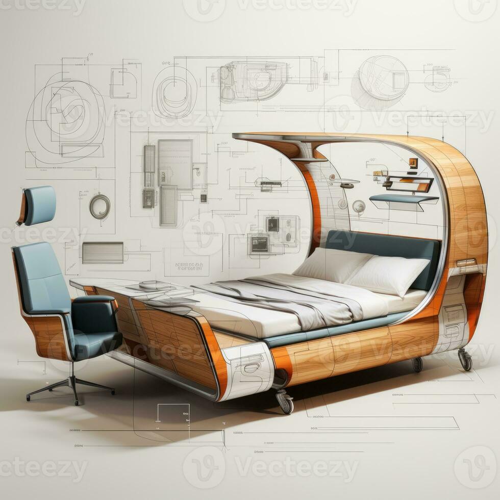 kast bed retro futuristische meubilair schetsen illustratie hand- tekening referentie ontwerper idee foto