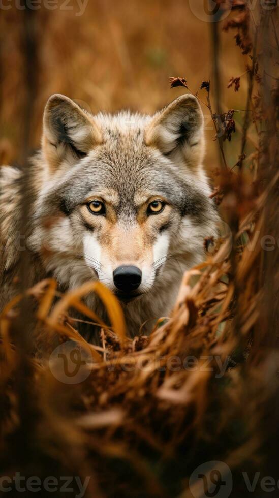 wolf verborgen roofdier fotografie gras nationaal geografisch stijl 35mm documentaire behang foto