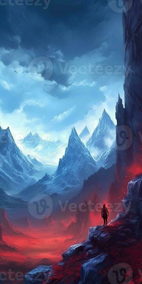 mysterie surrealistische buitenaards wezen landschap wereld panorama behang bergen rotsen wolken illustratie foto