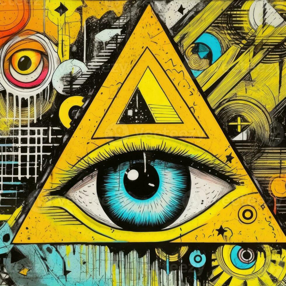 surrealistische abstract oog driehoek piramide magie metselaar tatoeëren geel illustratie artwork poster foto