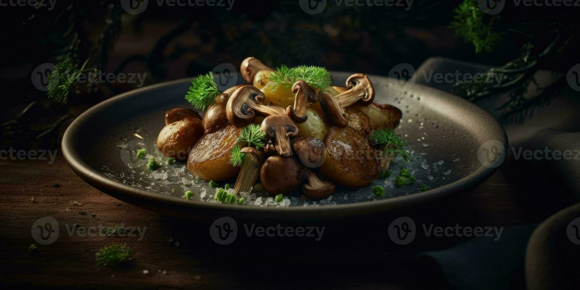 gebakken aardappelen champignons professioneel studio voedsel fotografie sociaal media kleding stof heet modern advertentie foto