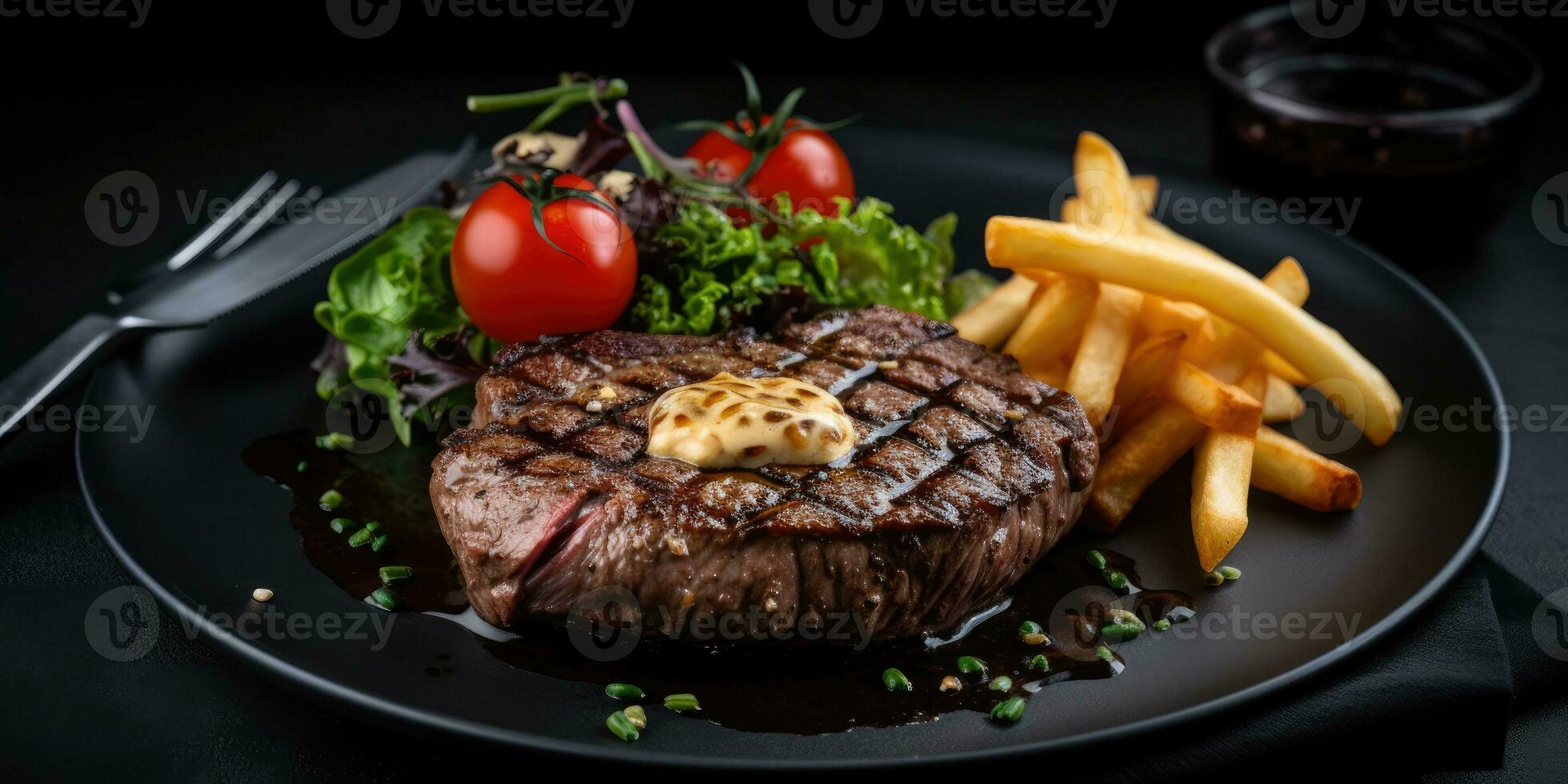 steak Patat professioneel studio voedsel fotografie sociaal media elegant kleding stof heet modern advertentie foto