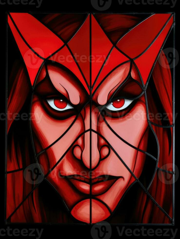 duivel Satan onheil gebrandschilderd glas venster mozaïek- religieus collage artwork retro wijnoogst religie foto