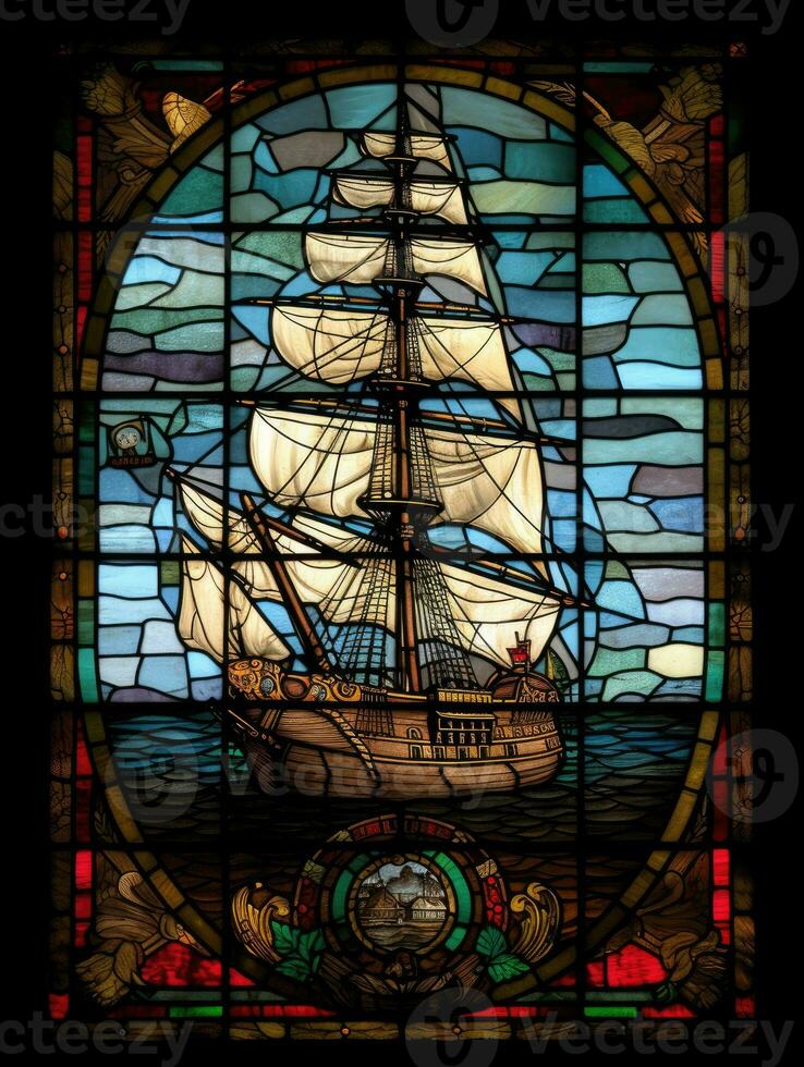 schip zee gebrandschilderd glas venster mozaïek- religieus collage artwork retro wijnoogst getextureerde religie foto