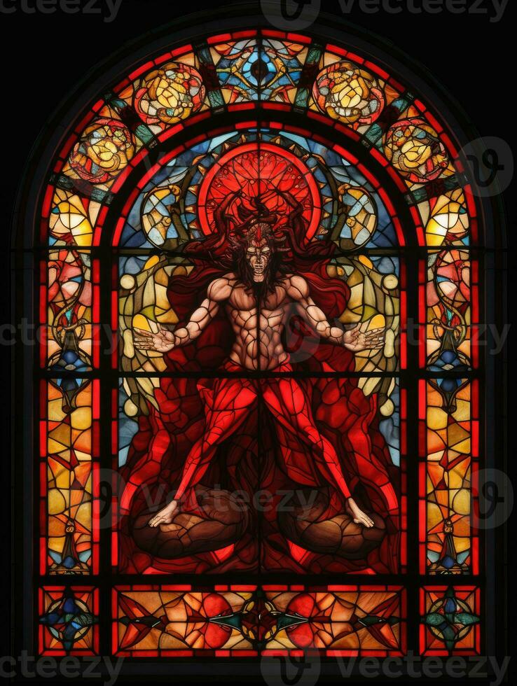 duivel Satan onheil gebrandschilderd glas venster mozaïek- religieus collage artwork retro wijnoogst religie foto