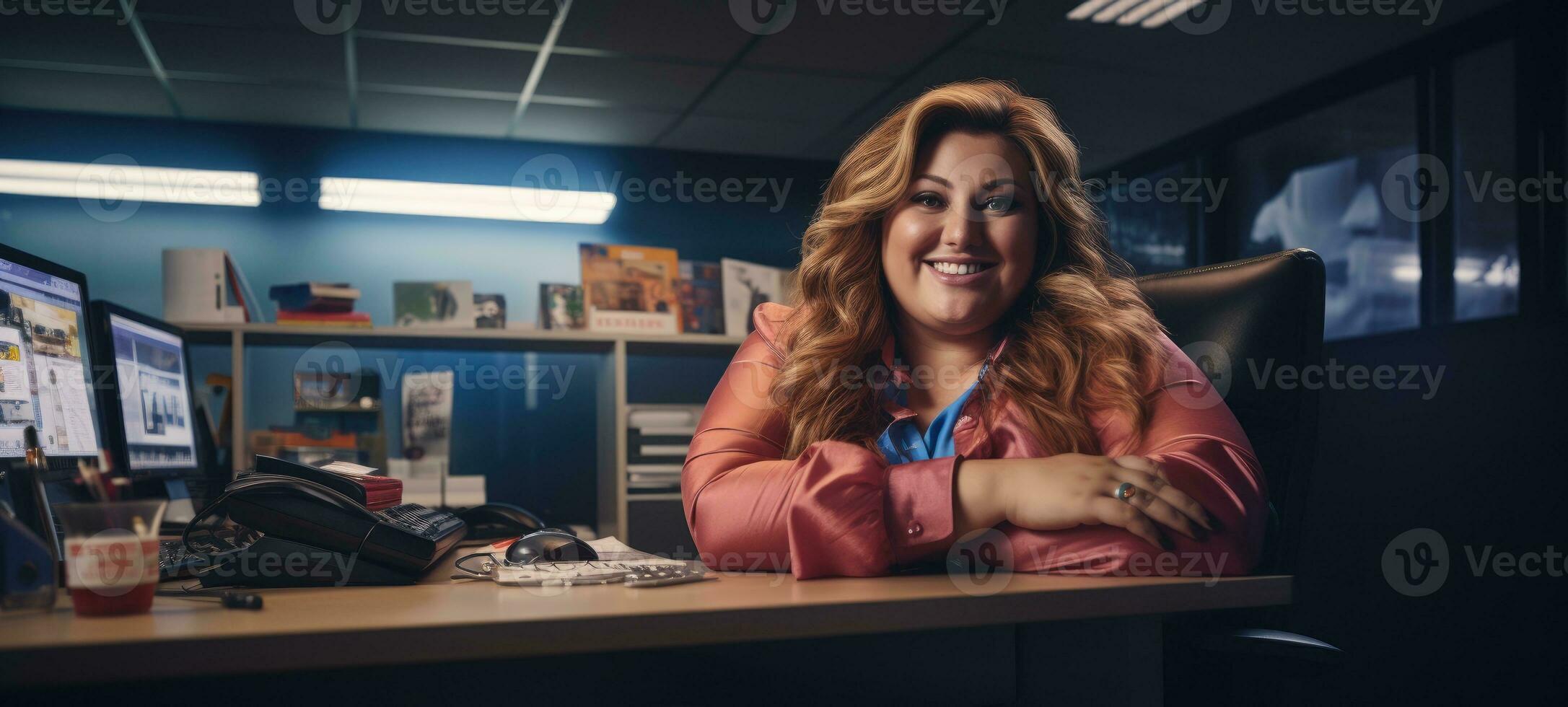 vrouw Kaukasisch plus grootte gelukkig golvend manager modern kantoor geslaagd baan bedrijf foto