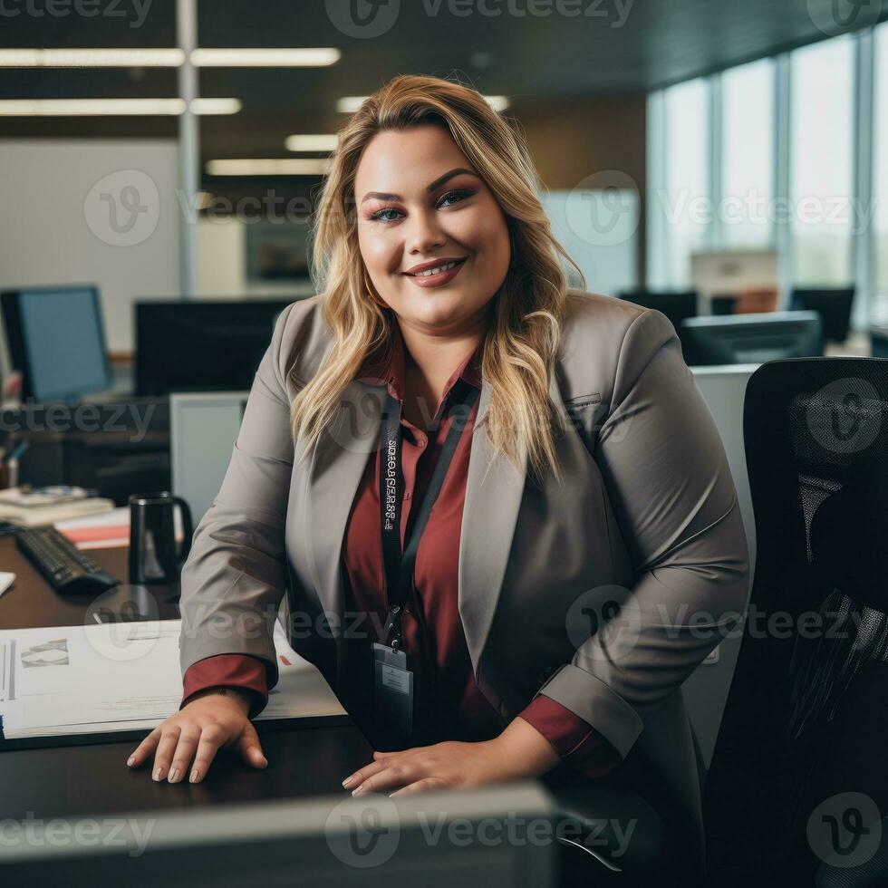 vrouw Kaukasisch plus grootte gelukkig golvend manager modern kantoor geslaagd baan bedrijf foto