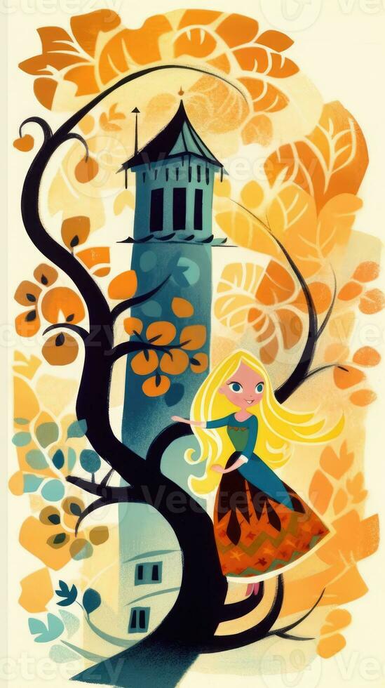 rapunzel sprookje karakter tekenfilm illustratie fantasie schattig tekening boek kunst poster grafisch foto