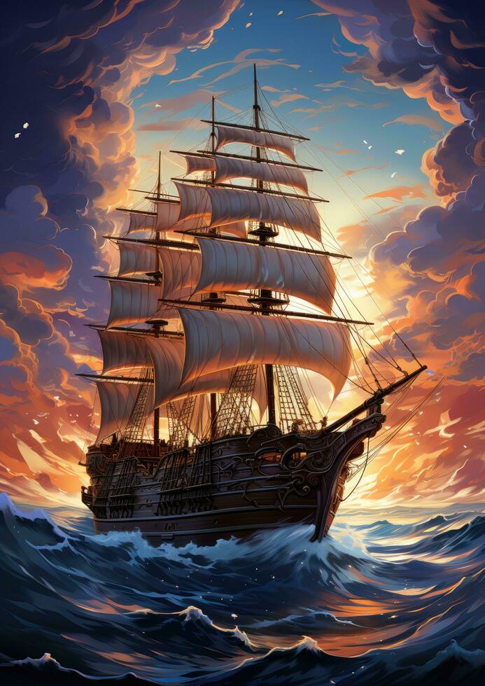 zee storm schip maan dromerig fantasie mysterie tarot illustratie kunst tatoeëren poster kaart nacht foto