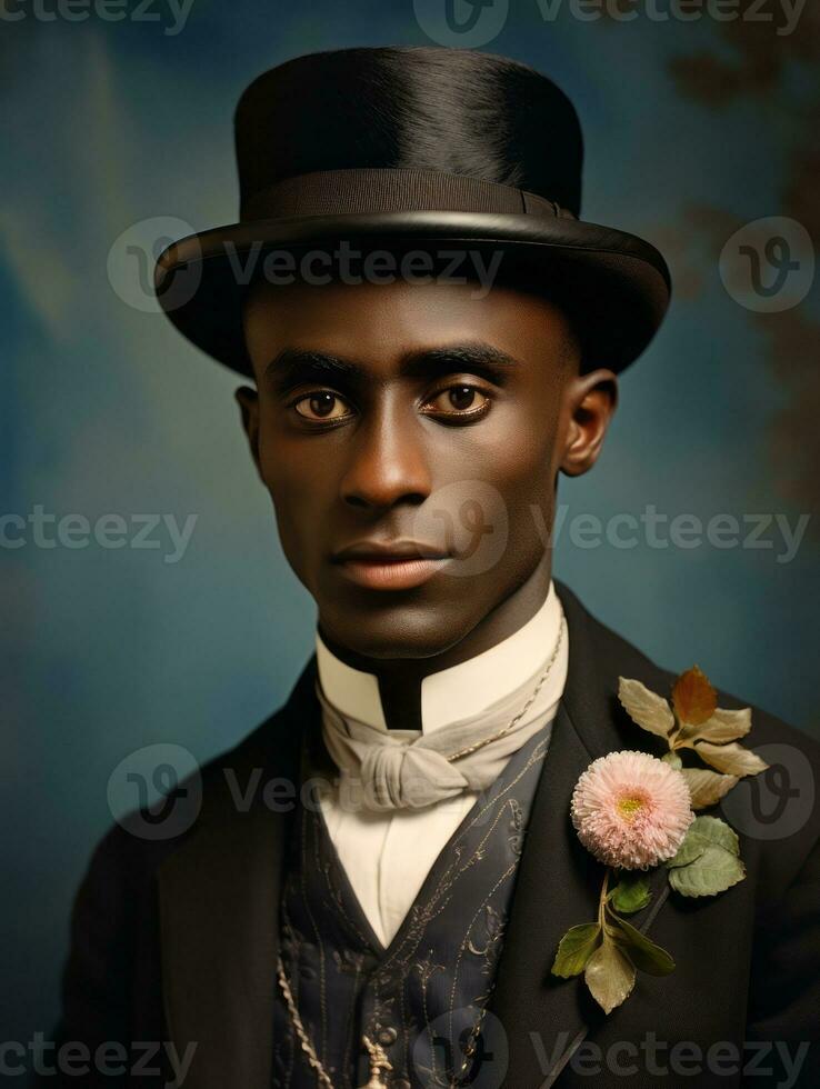 Afrikaanse Amerikaans Mens van de vroeg jaren 1900 gekleurde oud foto ai generatief