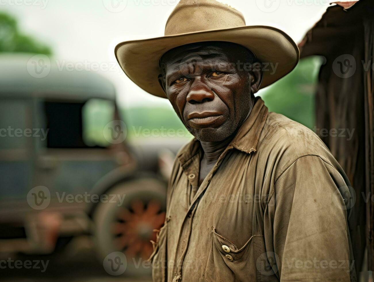 Afrikaanse Amerikaans Mens van de vroeg jaren 1900 gekleurde oud foto ai generatief