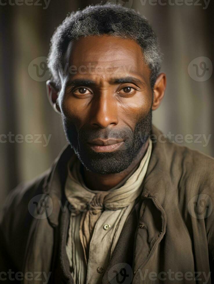 Afrikaanse Amerikaans Mens van de vroeg jaren 1900 gekleurde oud foto ai generatief