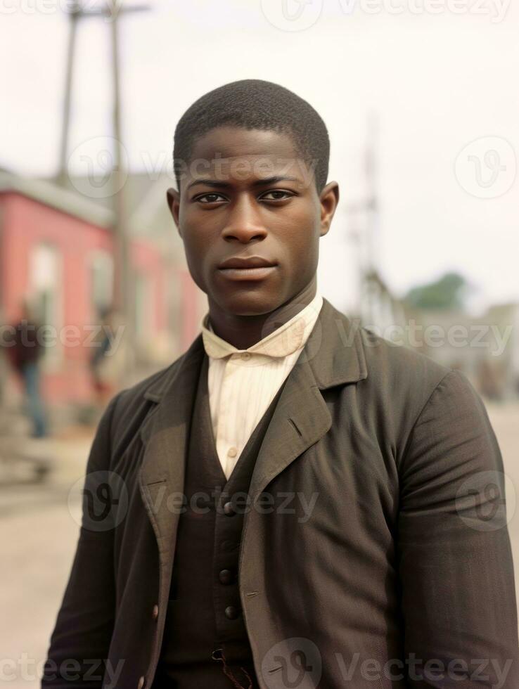 Afrikaanse Amerikaans Mens van de vroeg jaren 1900 gekleurde oud foto ai generatief