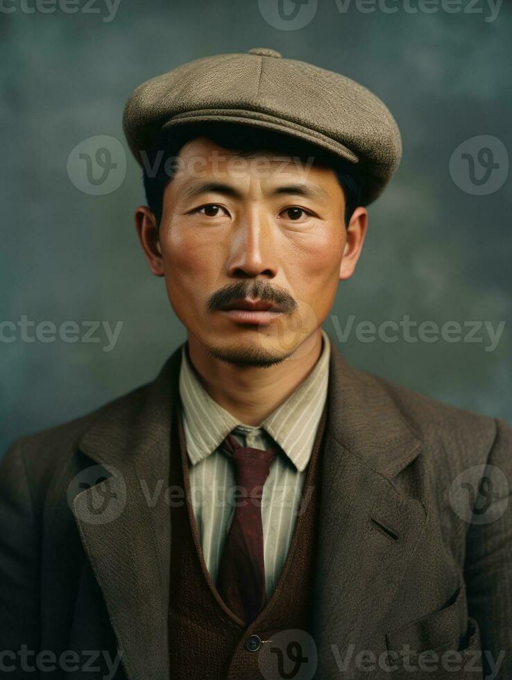 Aziatisch Mens van de vroeg jaren 1900 gekleurde oud foto ai generatief