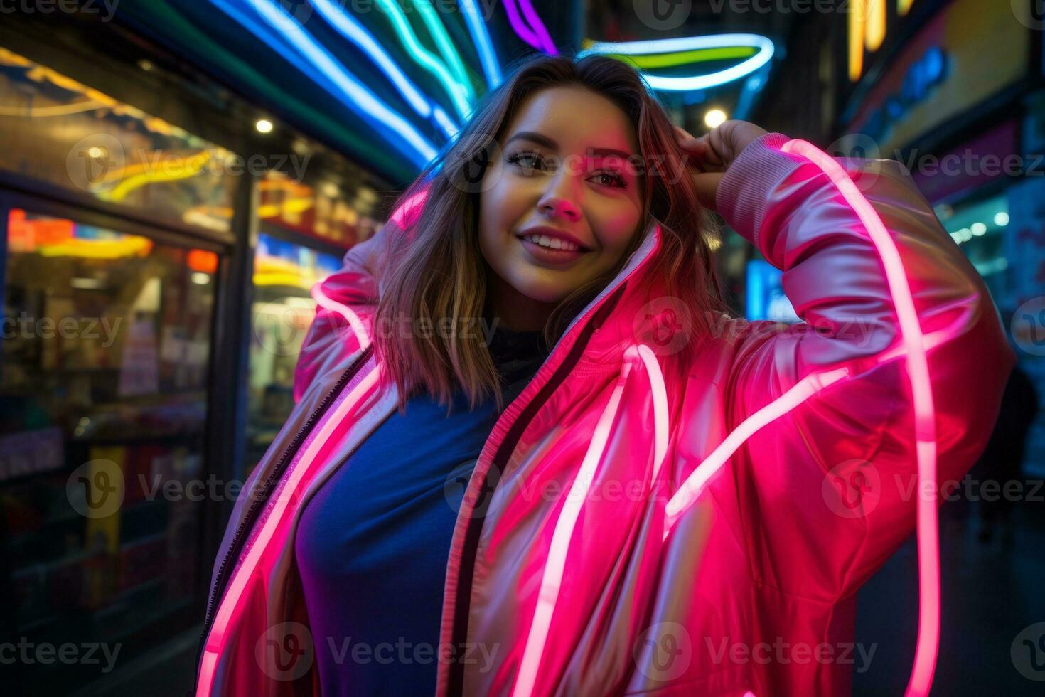 plus grootte modern vrouw schommelen modern tegen de levendig neon straten ai generatief foto