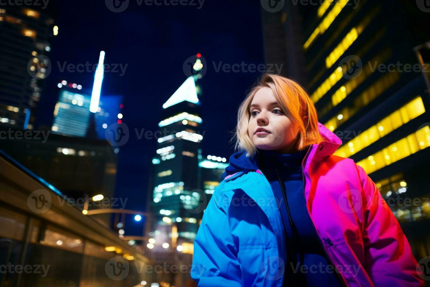 plus grootte modern vrouw schommelen modern tegen de levendig neon straten ai generatief foto