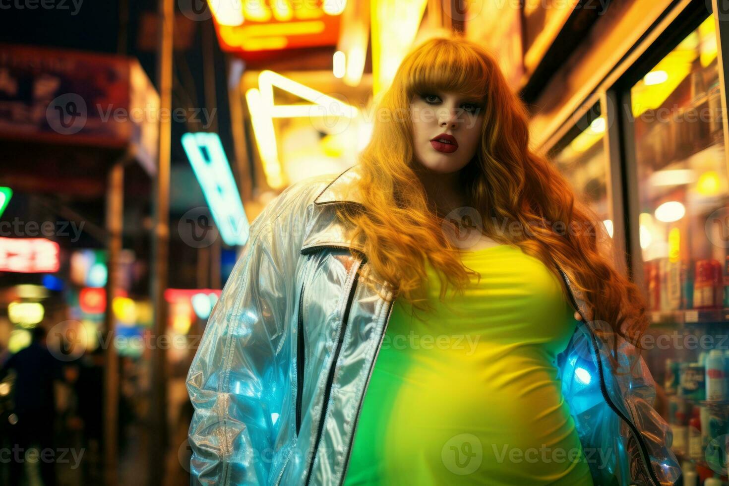 plus grootte modern vrouw schommelen modern tegen de levendig neon straten ai generatief foto