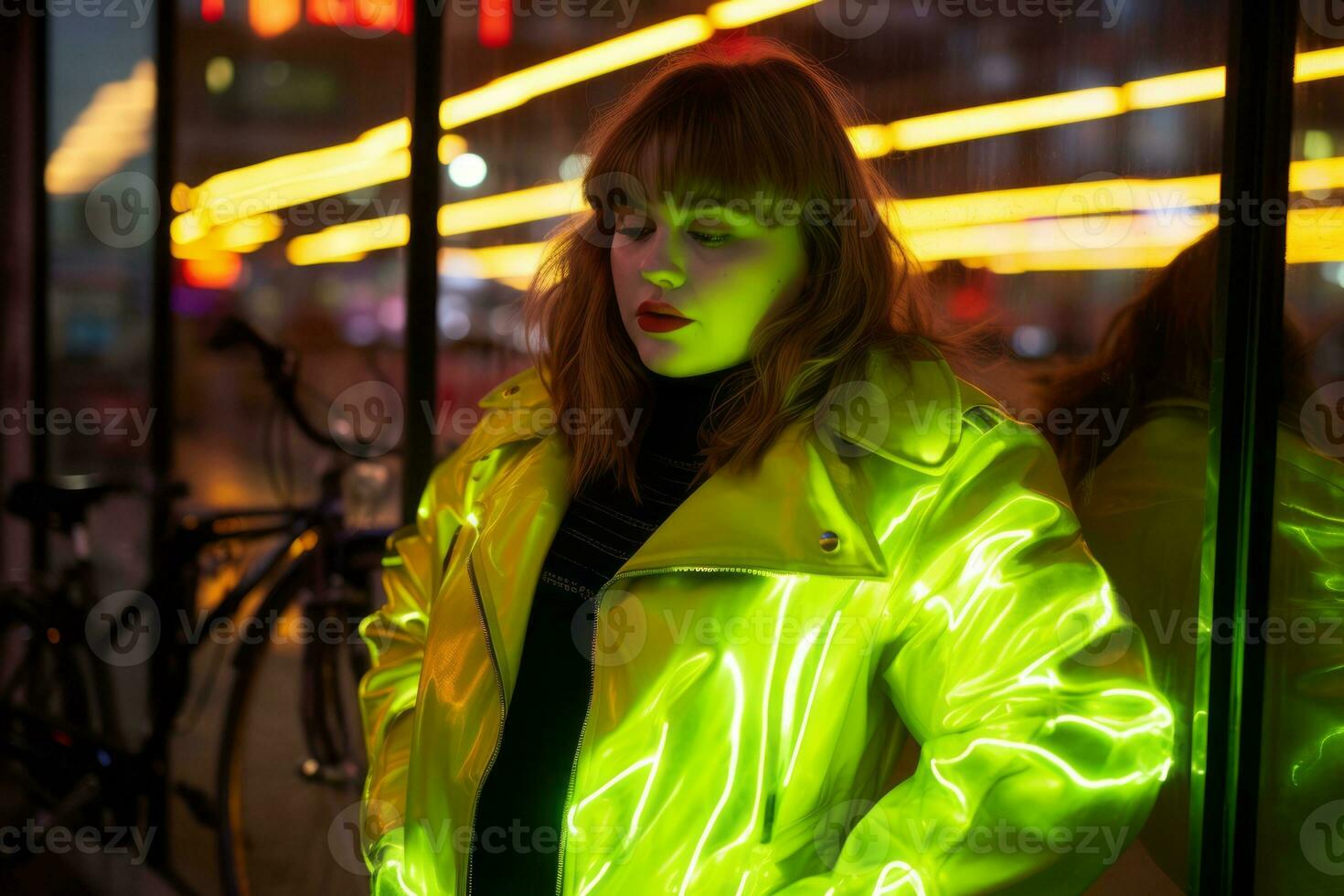 plus grootte modern vrouw schommelen modern tegen de levendig neon straten ai generatief foto