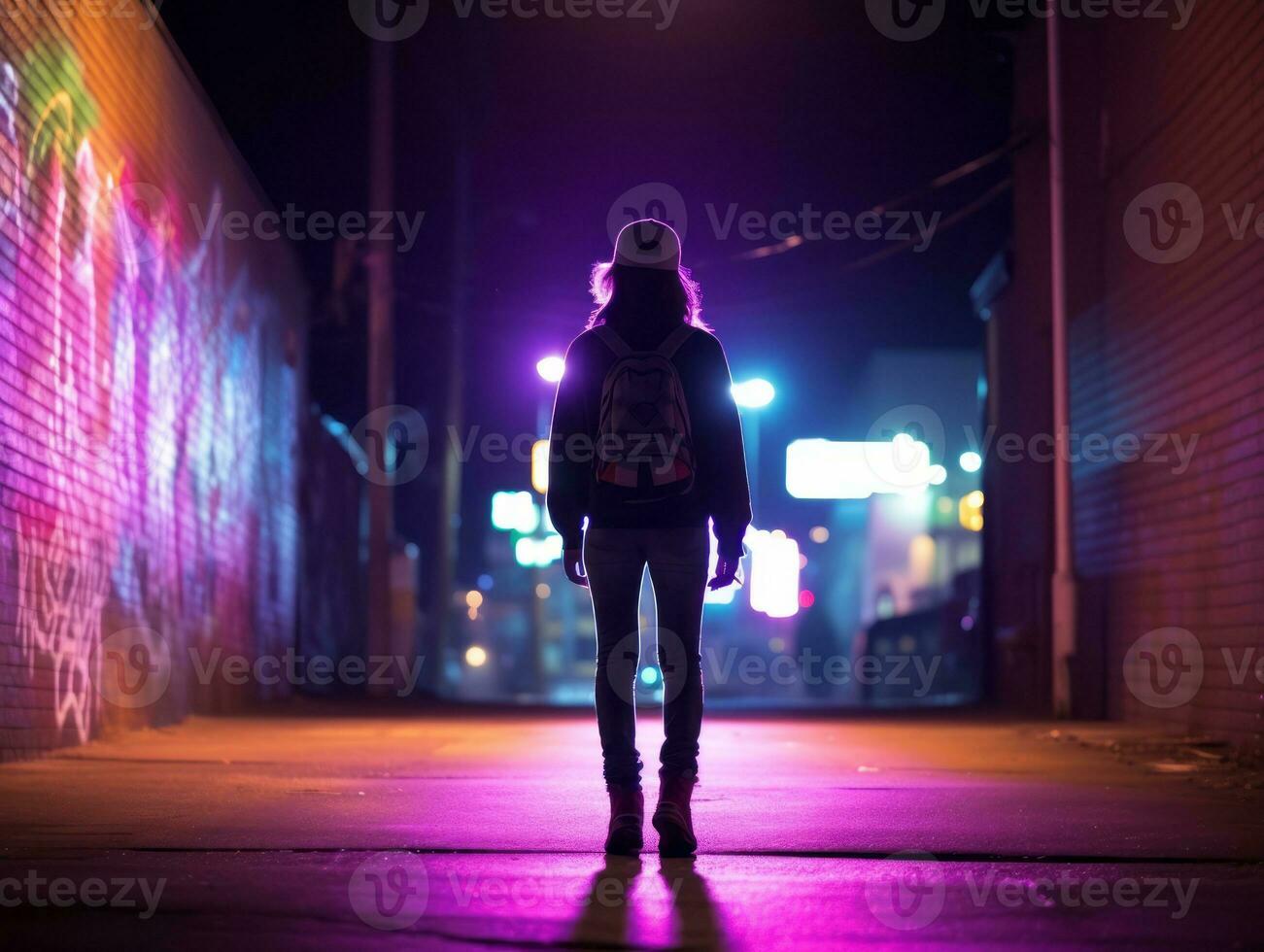 vrouw wandelen vol vertrouwen door de levendig neon lit straten ai generatief foto