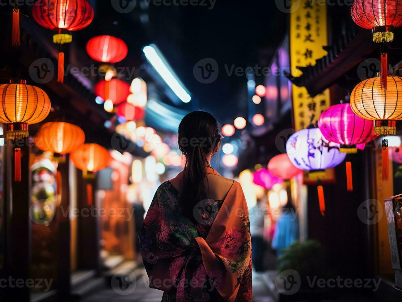 vrouw wandelen vol vertrouwen door de levendig neon lit straten ai generatief foto