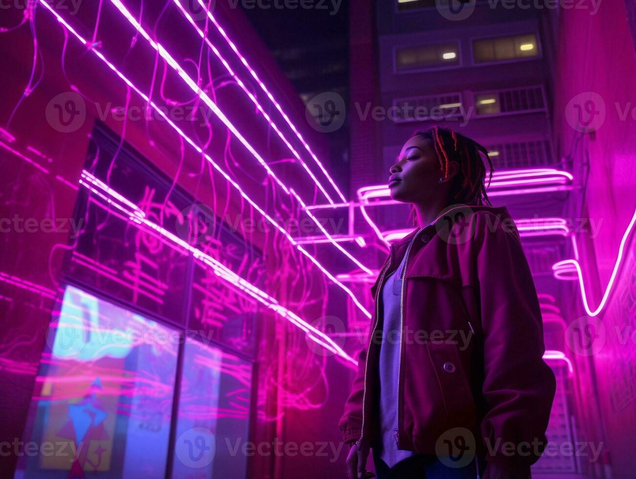 vrouw wandelen vol vertrouwen door de levendig neon lit straten ai generatief foto