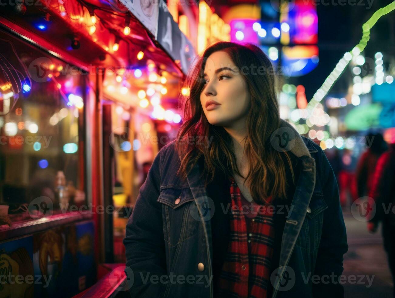 vrouw wandelen vol vertrouwen door de levendig neon lit straten ai generatief foto