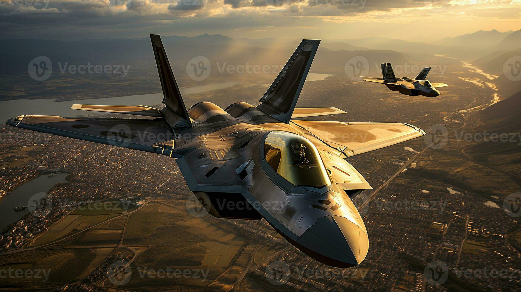 een lockheed Martin f 35 vechter Jet eskader in vorming. generatief ai. foto