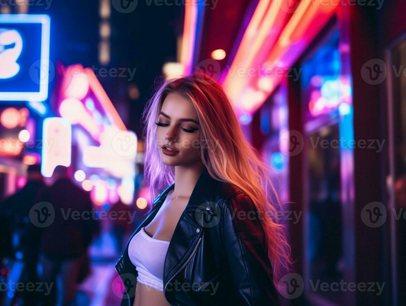 vrouw wandelen vol vertrouwen door de levendig neon lit straten ai generatief foto