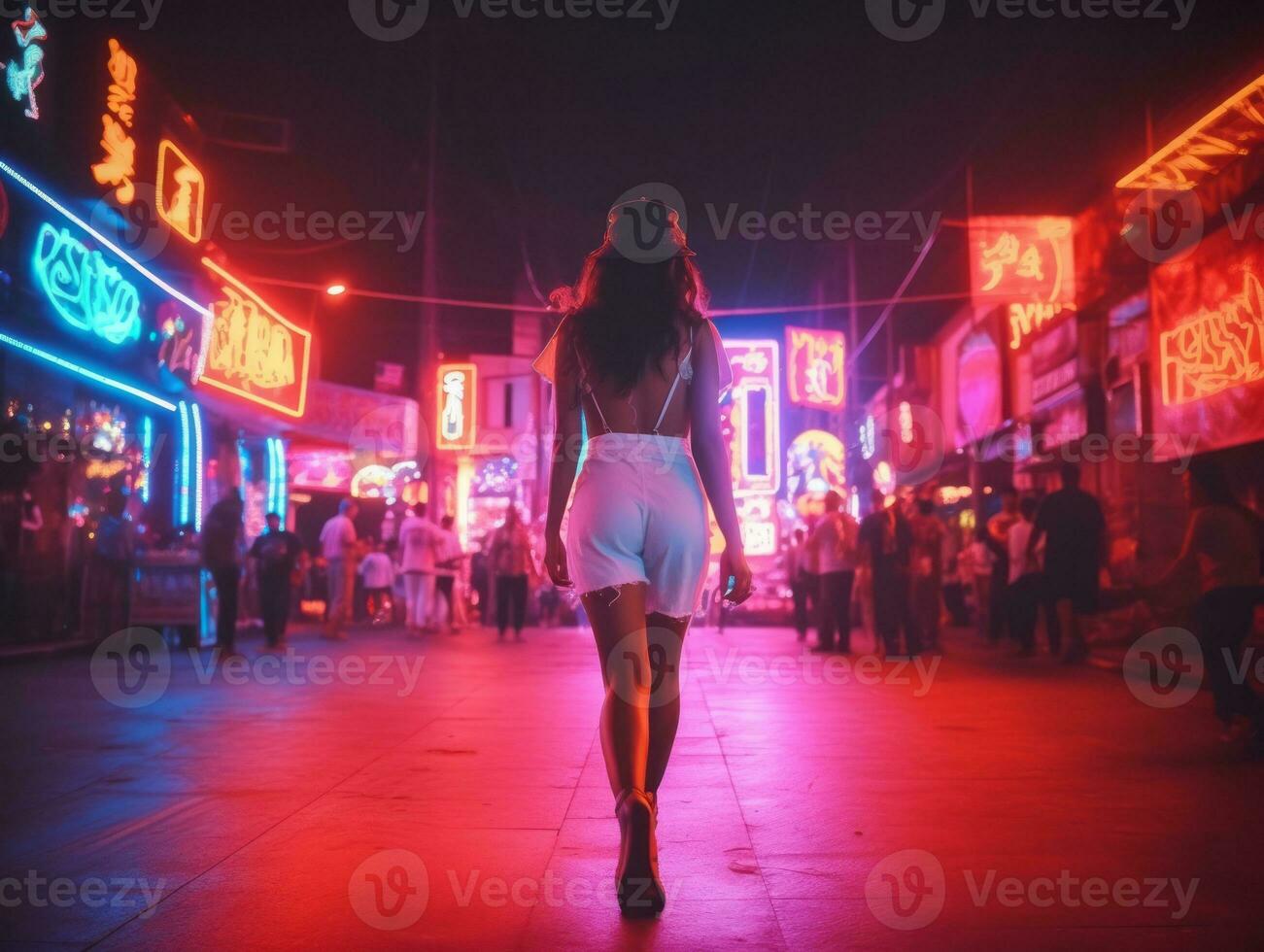 vrouw wandelen vol vertrouwen door de levendig neon lit straten ai generatief foto