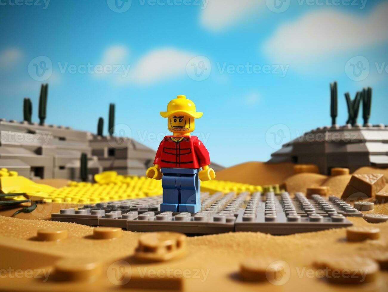 Lego karakter aan boord gaan Aan episch avonturen met vrienden ai generatief foto